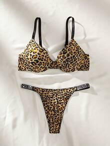 2PCS/Set Women Sexy Push Up Underwire Bras Low Rise Rhinestone Decor V-String Panty Lingerie Set Sexy Leopard Print Bra And Thong Set - Multicolor - View 6
