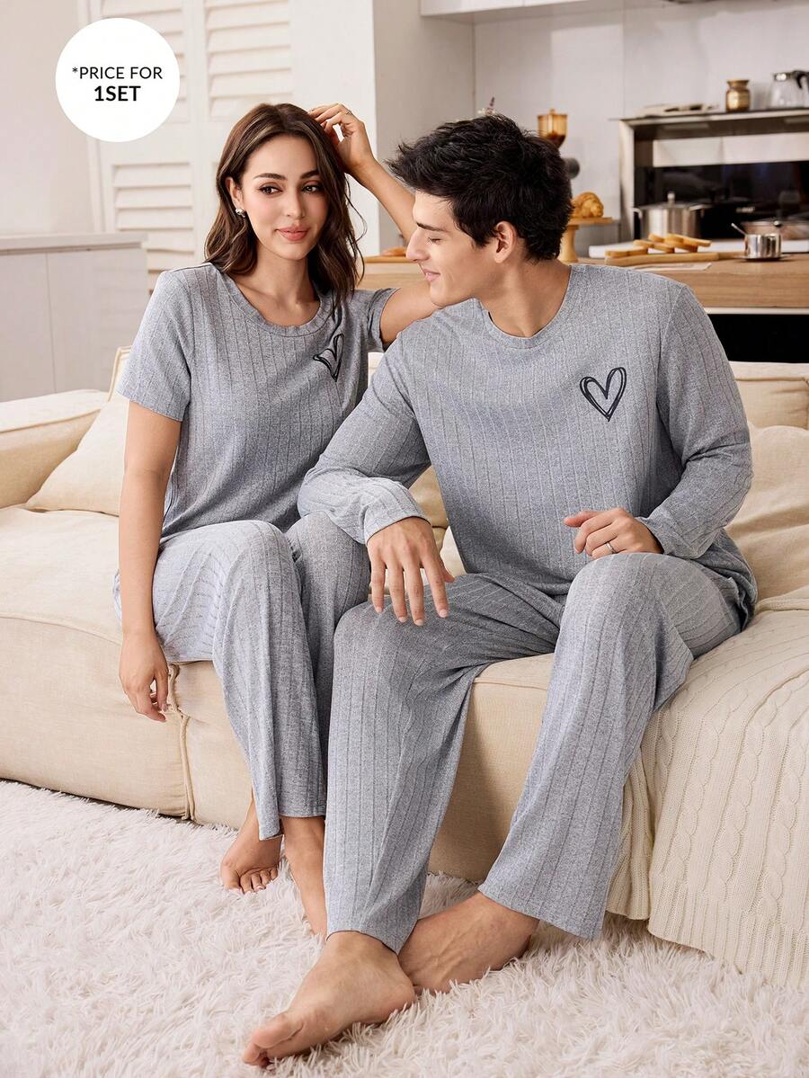 CoupledUp Men's Simple Heart Print Soft & Skin-Friendly Ribbed Loungewear Set, Winter Clothes - Grey - View 1