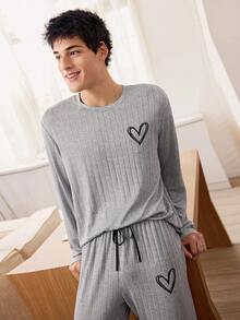 CoupledUp Men's Simple Heart Print Soft & Skin-Friendly Ribbed Loungewear Set, Winter Clothes - Grey - View 6