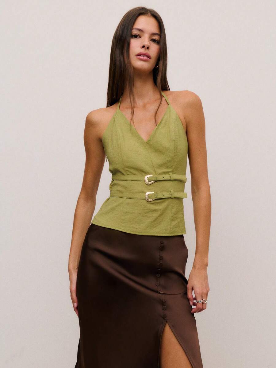Nöista 浅芥末绿亚麻露背V领上衣，配有双排扣金属纽扣。质感面料易于搭配裙装和阔腿裤，尽显女性优雅气质。 - 芥末黃 - 查看 1