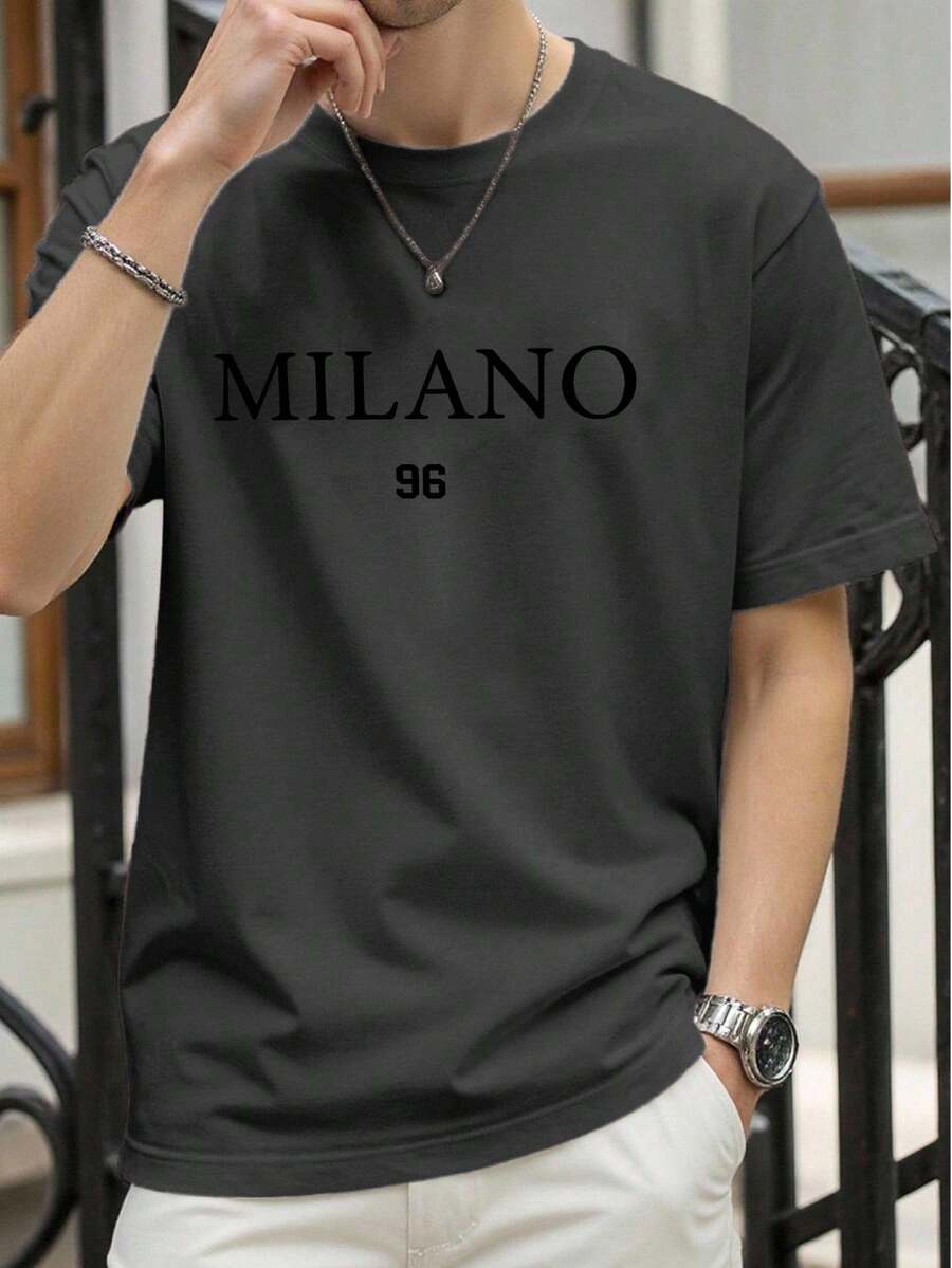 Manfinity Homme 男士圆领短袖宽松舒适透气T恤，夏季款 - 深灰色 - 查看 1