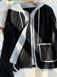 SHEIN Chaqueta regular de manga larga con capucha y 2 en 1 de color contrastante y rayas para mujer - Negro - Ver 7