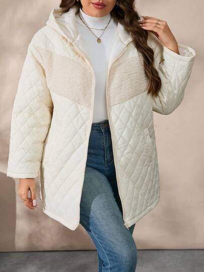 EMERY ROSE Plus Size Quilted Sherpa Patchwork Hooded Padded Coat