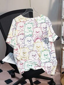 SHEIN X Care Bears 加大码宽松休闲卡通欢呼熊、睡前熊、好运熊、爱心熊、趣味熊、温柔熊印花圆领短袖白色 T 恤，夏季 - 白色 - 查看 2