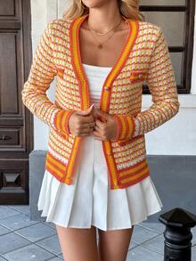 Selianne 女士条纹长袖单排扣休闲针织开衫 - 橘色 - 查看 5