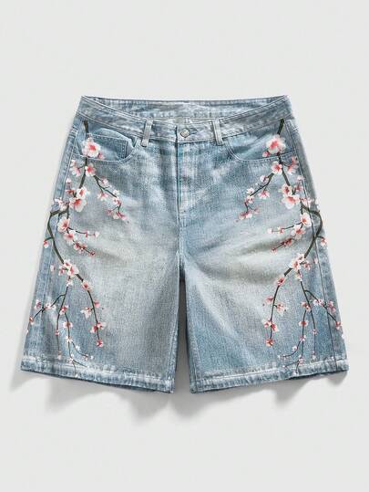 Street Life Men's Floral Pattern Pocket Loose Casual Denim Shorts
