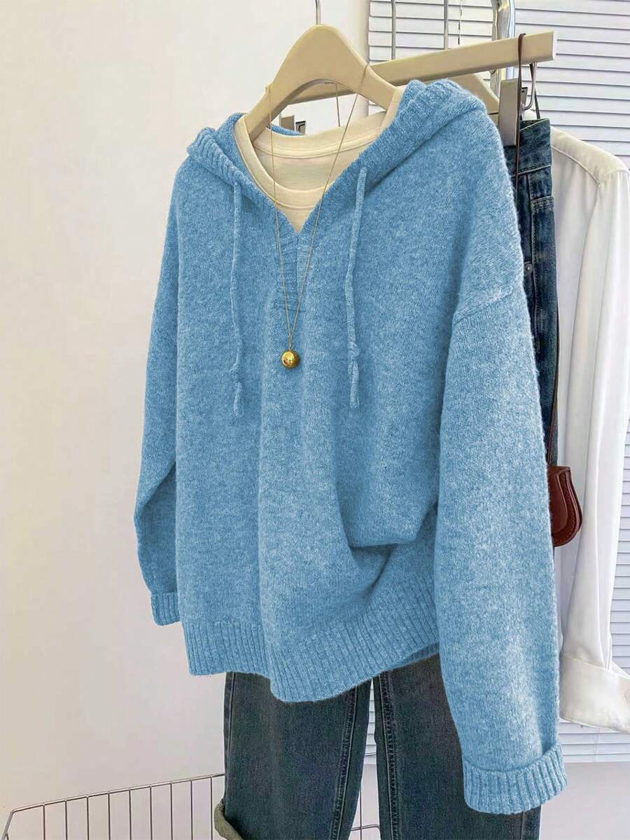 SHEIN Franclia 女士休闲宽松连帽长袖基础款灰色针织套头毛衣,秋冬季 - 淺藍色 - 查看 1