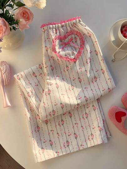 Comfortcana 女士时尚休闲印花蕾丝蝴蝶结裤