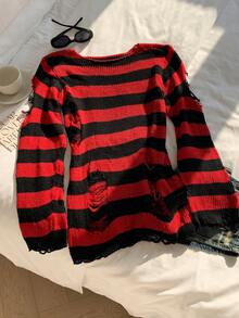 SHEIN EZwear Striped Ripped Detail Jumper - Multicolor - View 4