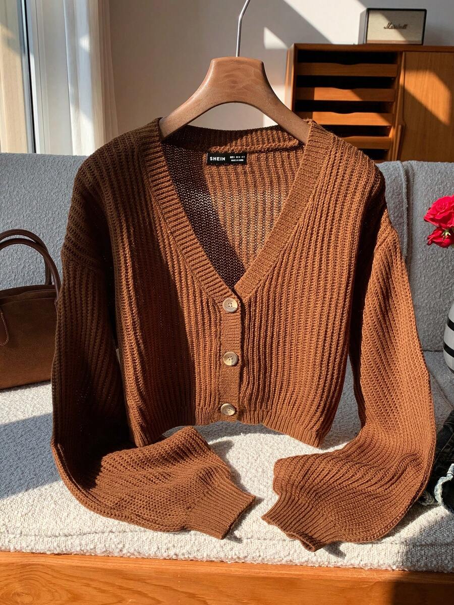 SHEIN EZwear 纯色纽扣前罗纹针织开衫、长袖上衣、秋冬针织毛衣