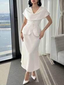 Modelyn Set da 2 pezzi composto da top aderente con collo a drappeggio e gonna con orlo a coda di pesce, adatto per primavera/estate/autunno - Champagne - Visualizzare 3