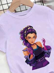 1pc Young Girl Cute Kpop Girl Print Purple Short Sleeve Top, Loose Fit, Suitable For All Seasons: Spring, Summer, Autumn, Winter, Great Christmas Gift For Girls