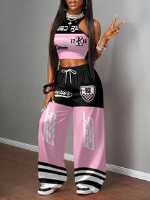 Slaydiva 两件套女士休闲街头风紧身吊带背心和宽松长裤套装，适合街头穿着 - 彩色 - 查看 5