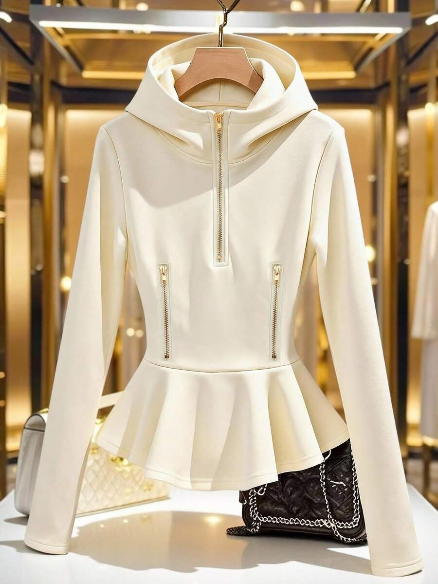 Franclia 女士休闲通勤时尚外套，米色半拉链金色腰部拉链卫衣，秋冬季 - 杏色 - 查看 1