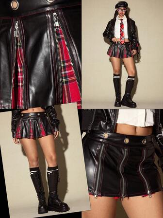 Academia Minifalda de mujer con estilo punk campus, de PU a cuadros con parches, cremallera metálica y talle bajo, estilo Kpop