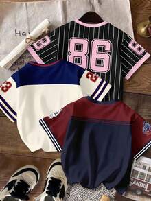 SHEIN EZwear 3件套休闲简约运动街头风印花T恤，图案包括数字、字母、条纹和学院风，舒适宽松圆领短袖，适合夏季穿着。 - 彩色 - 查看 2