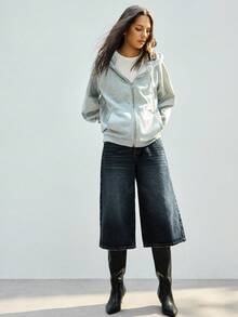 Maija 女士秋冬纽扣口袋休闲宽松牛仔裤，适合都市通勤、商务、休闲穿着，优雅百搭，也适合感恩节、圣诞节、新年派对等场合，时尚阔腿七分牛仔裤 - 深色水洗藍 - 查看 4