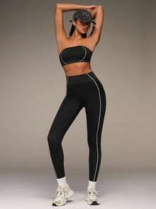 SHEIN BAE Sleeveless Black Micro Crop Strapless Set For Active Lifestyle Strapless Two Piece Set Two Piece Legging Set Workout Set Two Piece Gym Two Piece Set Yoga Set Two Piece Two Piece Sport Set Yoga Leggings Set Legging Two Piece Set - Black - View 3