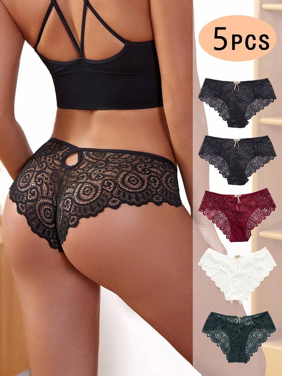 5pcs/Set Solid Color Sexy Lace Panties - Multicolor - View 1