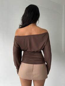 Aloruh Áo kiểu nữ màu cà phê, dáng rộng, trễ vai, có vạt nhún, thích hợp cho mùa thu/đông, kiểu áo thun thường ngày. - màu nâu - Xem 4