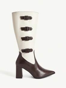 CUCCOO CHICEST Women's Contrast Color Pointed Toe Buckle Design Fashion High Heel Boots For Christmas