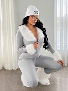 SHEIN SXY 女士仿毛皮拼接长袖连体衣，保暖 - 淺灰色 - 查看 5