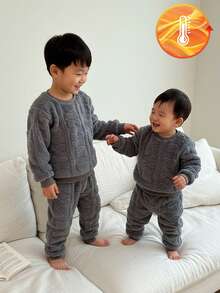 Young Boy 2-Piece Outfit,Soft Fleece Pullover Sweater With Cute Bear Jacquard Pattern & Drawstring Pants,Autumn,Family Matching Casual Loungewear Set - Grey - View 1