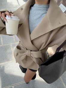 SHEIN EZwear 咖啡棕高腰長袖羊毛外套女款，卡其色，秋季，優雅，辦公室冬季高領蝴蝶結針織衫，日式北歐風服飾 - 卡其色 - 查看 5