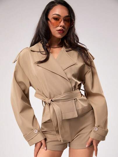 EURMUSE Oversized Trench Jacket, Belted Waist Detail, Wide Lapel Collar, Structured Shoulders, Long Sleeve Design, Soft Cotton-Blend Fabric, Modern Minimalist Style, Timeless Beige Tone, Effortless Chic Look