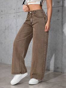 SHEIN PETITE Quần jeans ống rộng cạp cao có túi dành cho nữ, dáng rộng, dễ phối đồ - màu nâu - Xem 5