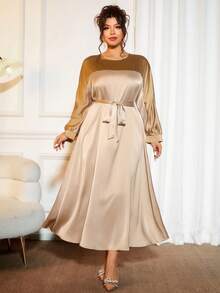 Cravure Plus Size Round Neck Long Sleeve Foil Patchwork Contrast Color Waist Tie Pullover Dress, Champagne, Autumn, Elegant, Casual Vacation Party Commute - Khaki - View 4