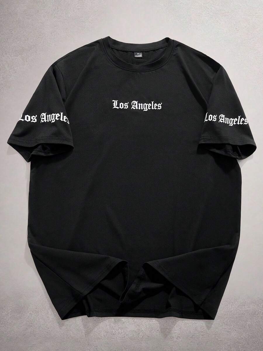 StoneGrade Men's Casual Letter Graphic Round Neck Short Sleeve T-Shirt, Summer T Shirt Los Angeles - Black - View 1