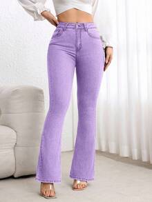 Flexra 女士休闲百搭日常穿搭喇叭牛仔裤，带口袋 - 紫色 - 查看 5