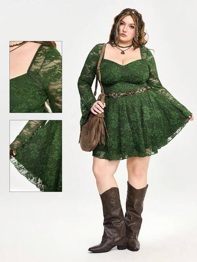 Goth Vintage grünes Spitzenkleid mit Glockenärmeln für Damen in Große Größen