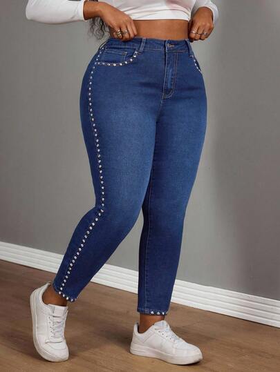 Slaydiva Jeans azules de talla grande para mujer con estilo vaquero, cintura elástica y diseño punk con remaches laterales, para otoño