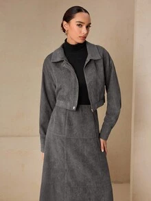 Graceveil Veste en velours côtelé marron chocolat pour femme avec une touche rétro, associée à une jupe longue fendue pour une tenue d'automne stylée - Gris - Voir 4