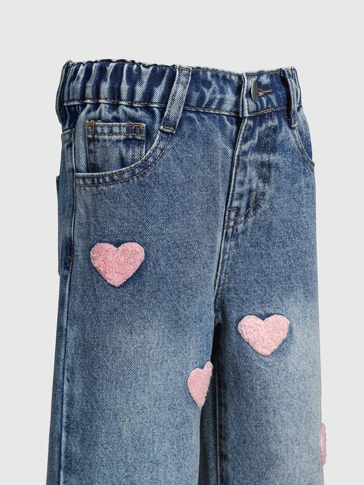 Jeans rectos holgados con bordado de corazón para niñas, de moda y versátiles - Azul lavado medio - Añade 4