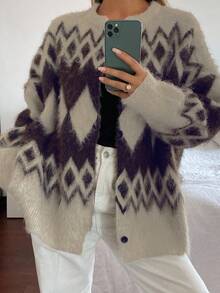 Livesso Áo khoác cardigan dệt kim dày họa tiết hình học đơn giản cho nữ, phù hợp mặc công sở mùa thu đông - Màu Khaki - Xem 4