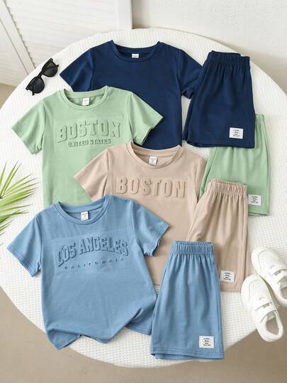 SHEIN 8pcs/Set Young Boys' Comfortable Casual Everyday Versatile Embossed Letter Short Sleeve T-Shirt And Shorts Set, Suitable For Spring/Summer, Daily Wear, Sports, Outings, School, Gatherings, Holidays, Photoshoots, Back-To-School Season