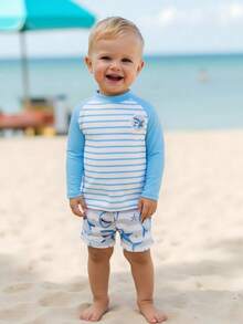 Baby Boy Long Sleeve Striped Shark Print Swimsuit Set Baby Boy Rash Guard Baby Boy Swimsuit Long Sleeve Baby Boy Swim Shirt Baby Boy Beach Wear, Beach Swimwear For Kids, Summer Vacation, Pool Party - Multicolor - View 8