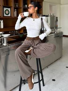 Muchica Women's Brown Striped Knit Casual Loose Sweatpants For Going Out Outfits, Back To School, Streetwear, Stripe Pants, Women Wide Leg Pants - Brown - View 5