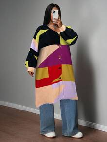 Slaydiva Áo khoác cardigan dài tay phối màu cỡ lớn, kiểu dáng thường ngày/áo len mùa đông cài nút, áo len dài cho nữ, quần áo cầu vồng cho nữ, áo cardigan nữ. - Nhiều màu - Xem 5