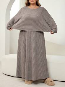 SHEIN CURVE+ 大码女式休闲纯色长袖上衣和半裙两件套，秋季两件套 - 卡其色 - 查看 4