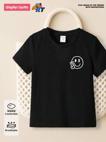 SHEIN Young Boy Basic Black Smile & Peace Sign Print Crewneck Short Sleeve T-Shirt, Summer Young Boys Summer Clothes - Black - View 5