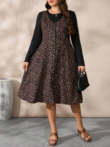 EMERY ROSE Long Leopard Print Woven Fabric Sleeveless V Neck Plus Size Co-Ord Set For Women - Brown - View 4