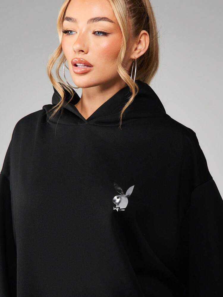 Missguided x Playboy Oversized Hoodie Mini Dress With Diamante Embellished Back Text And Front Bunny Logo Detail