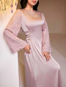 Al Najma Đầm nữ cổ vuông thêu hoa tay loe buộc eo kiểu Ả Rập thanh lịch - Hồng - Xem 4