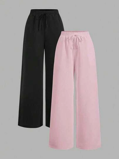 SHEIN EZwear 2 件装女士休闲纯色阔腿运动裤