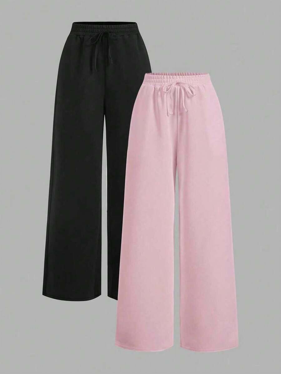 SHEIN EZwear 2 件装女士休闲纯色阔腿运动裤 - 淺粉色 - 查看 1