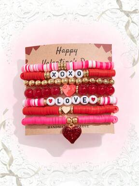 Kawaii 7pcs/Set Fashionable Sweet & Cute Heart Shaped Pendant & Beaded Alphabet Bracelet For Women Daily Wear, Valentine's Day & Friendship Gift,Mom,Mother,Mother's Day,Gift
